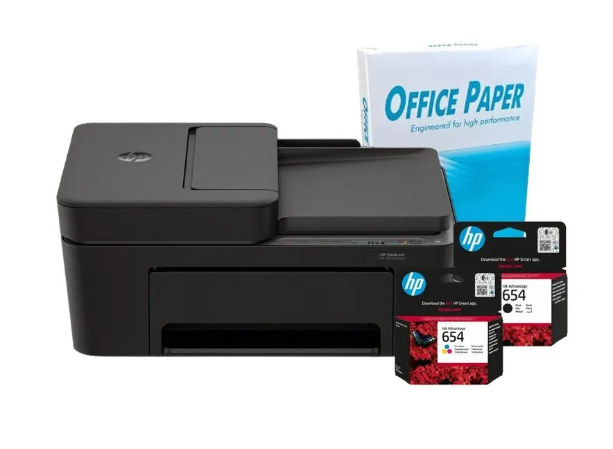 Impressora Deskjet E-AIO Plus 4376 (8.5) ADF Wi-Fi + Tinteiros 654 (Preto e Colorido) + Resma de Papel A4